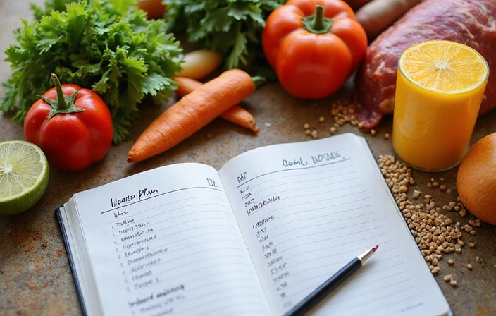 Tavolo con ingredienti freschi e colorati per un piano alimentare, con un quaderno aperto e una penna